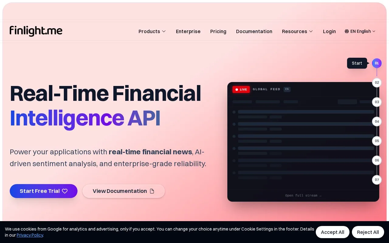 Screenshot of the finlight homepage