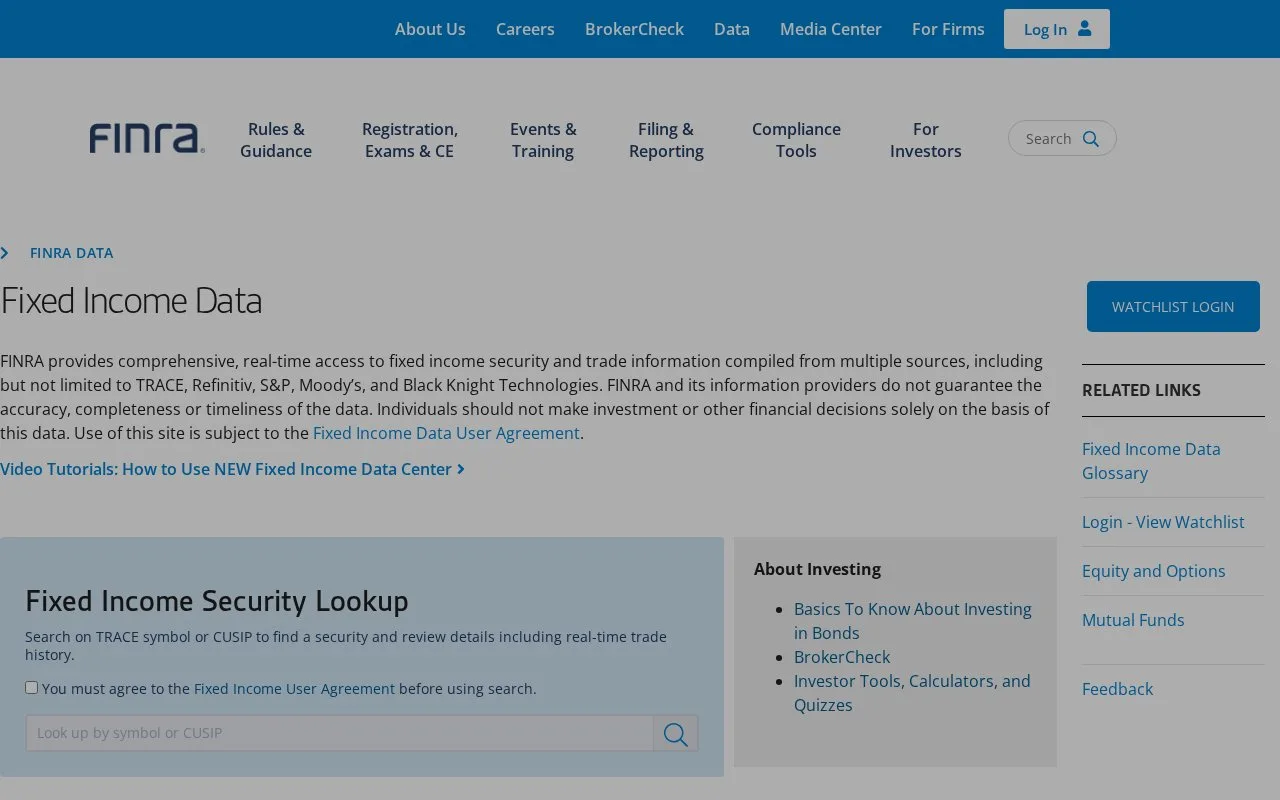 Screenshot of the FINRA Fixed Income Data homepage