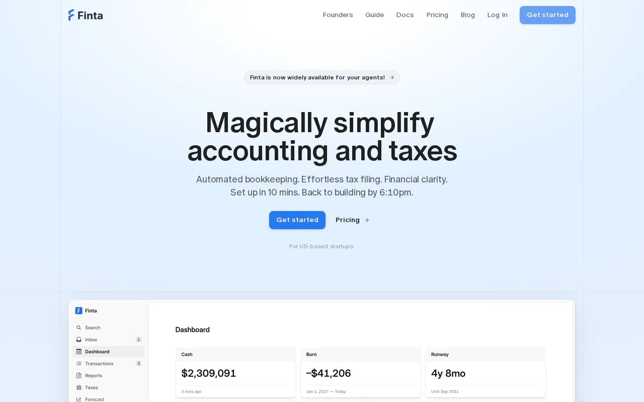 Screenshot of the Finta homepage