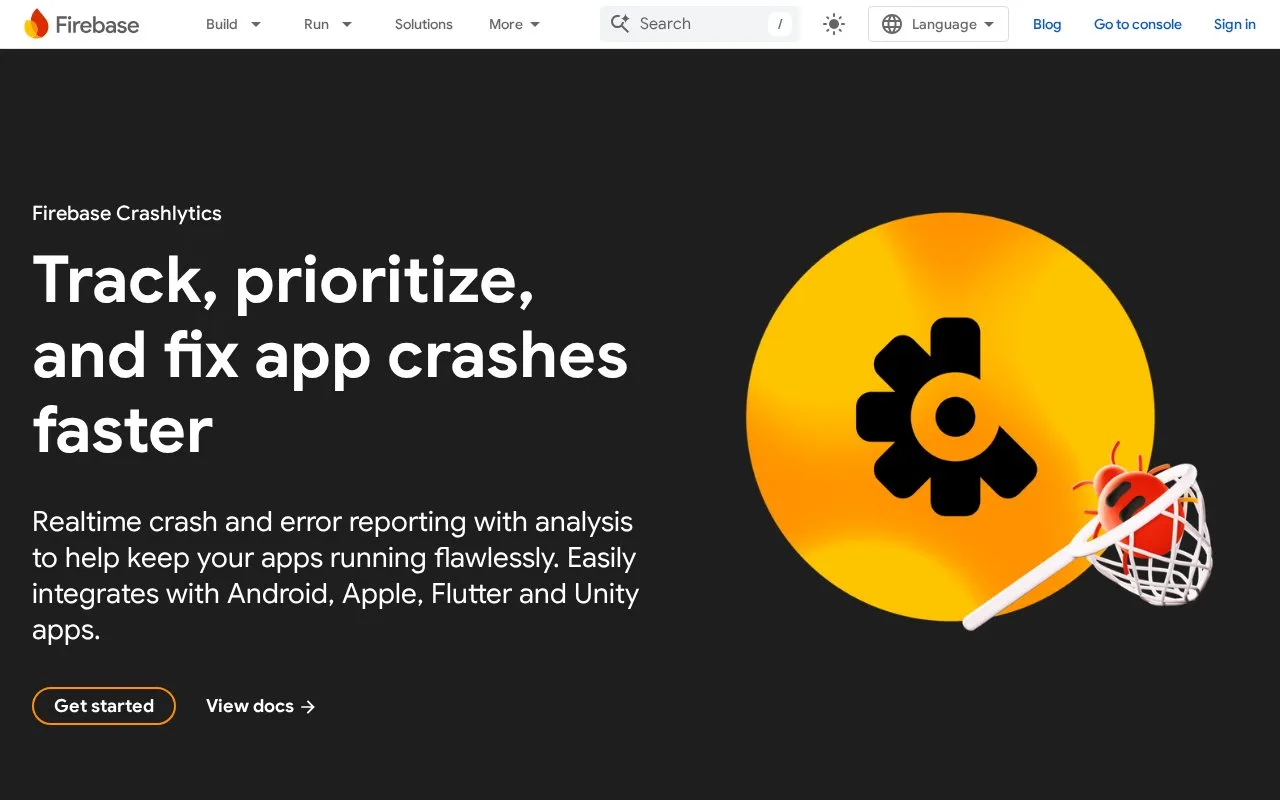 Screenshot of the Firebase Crashlytics homepage