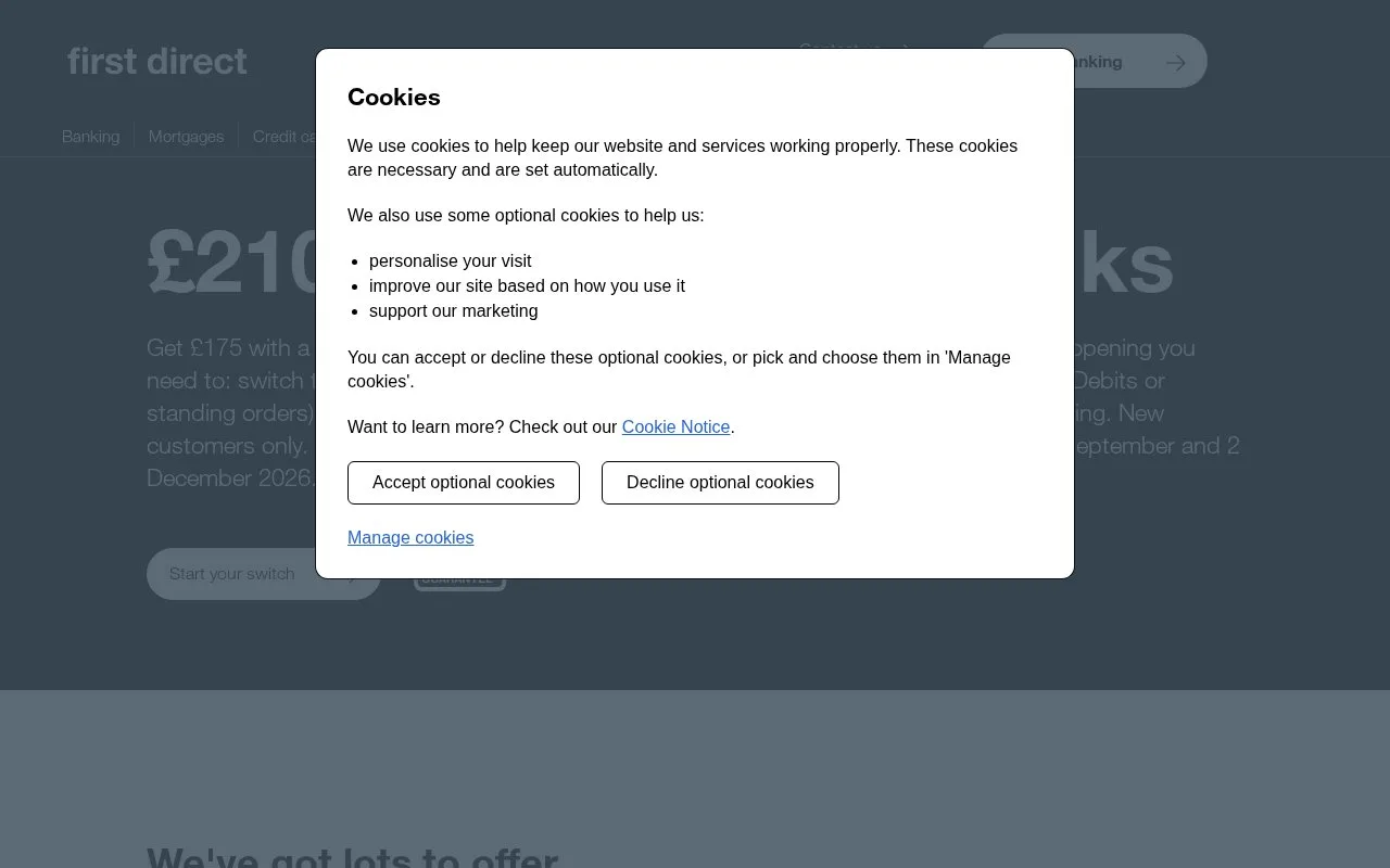 Screenshot of the first direct homepage
