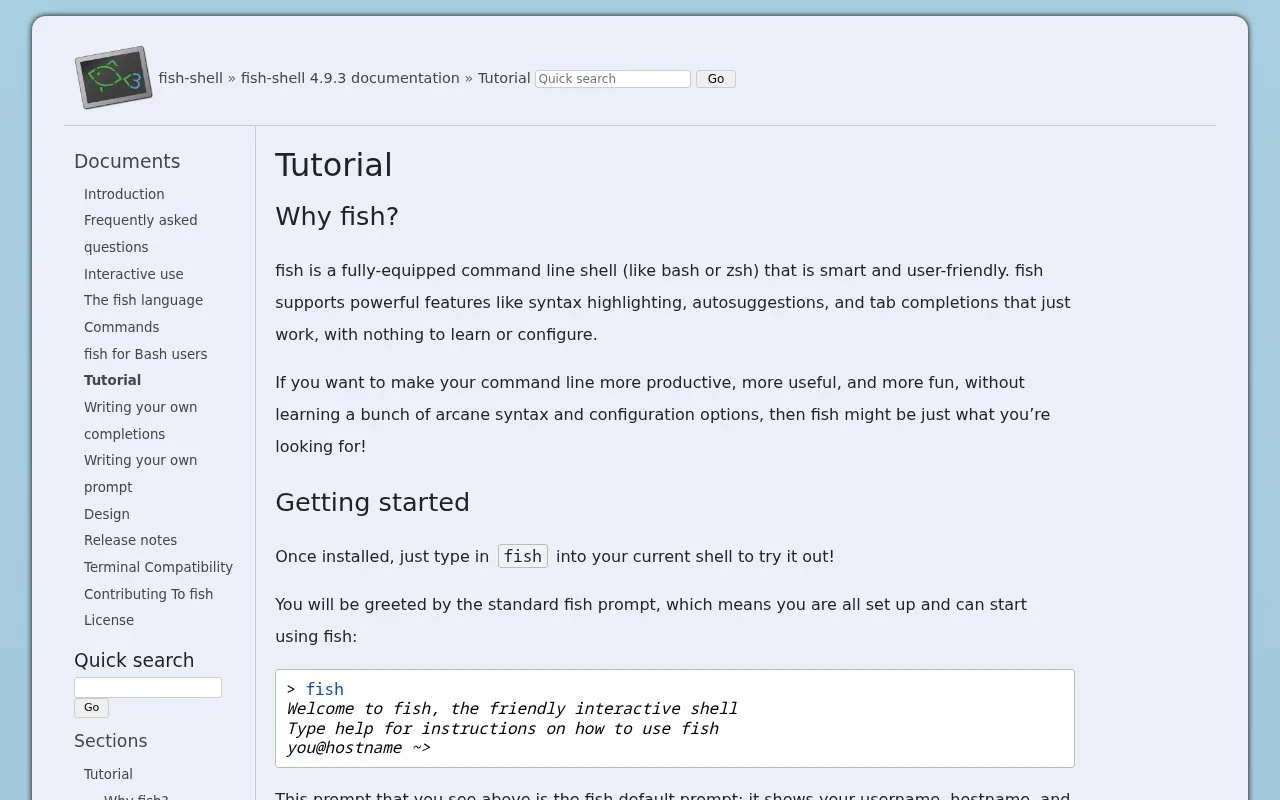 Screenshot of the fish shell homepage