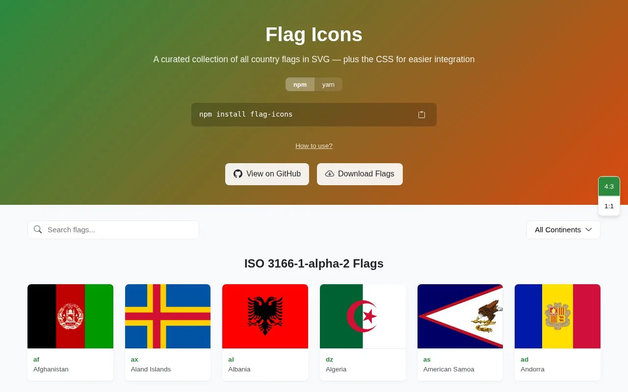 Screenshot of the flag-icons homepage