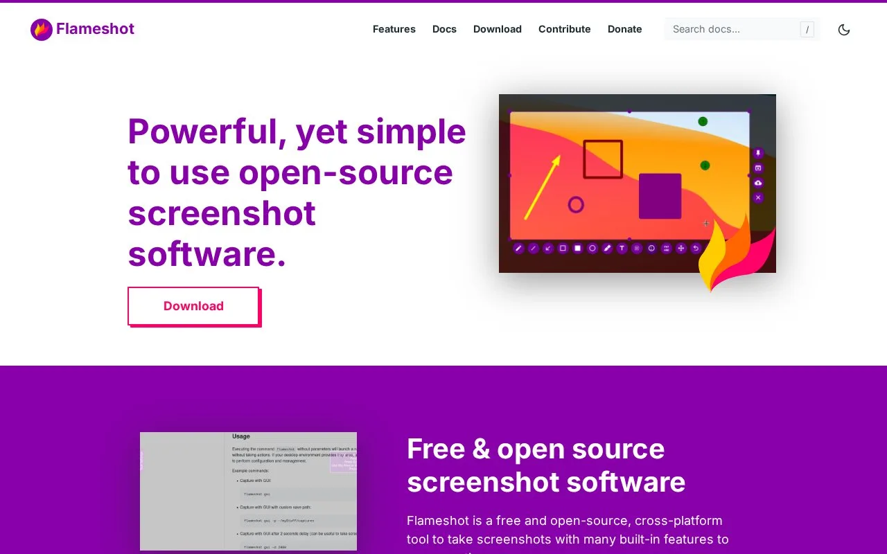 Screenshot of the Flameshot homepage