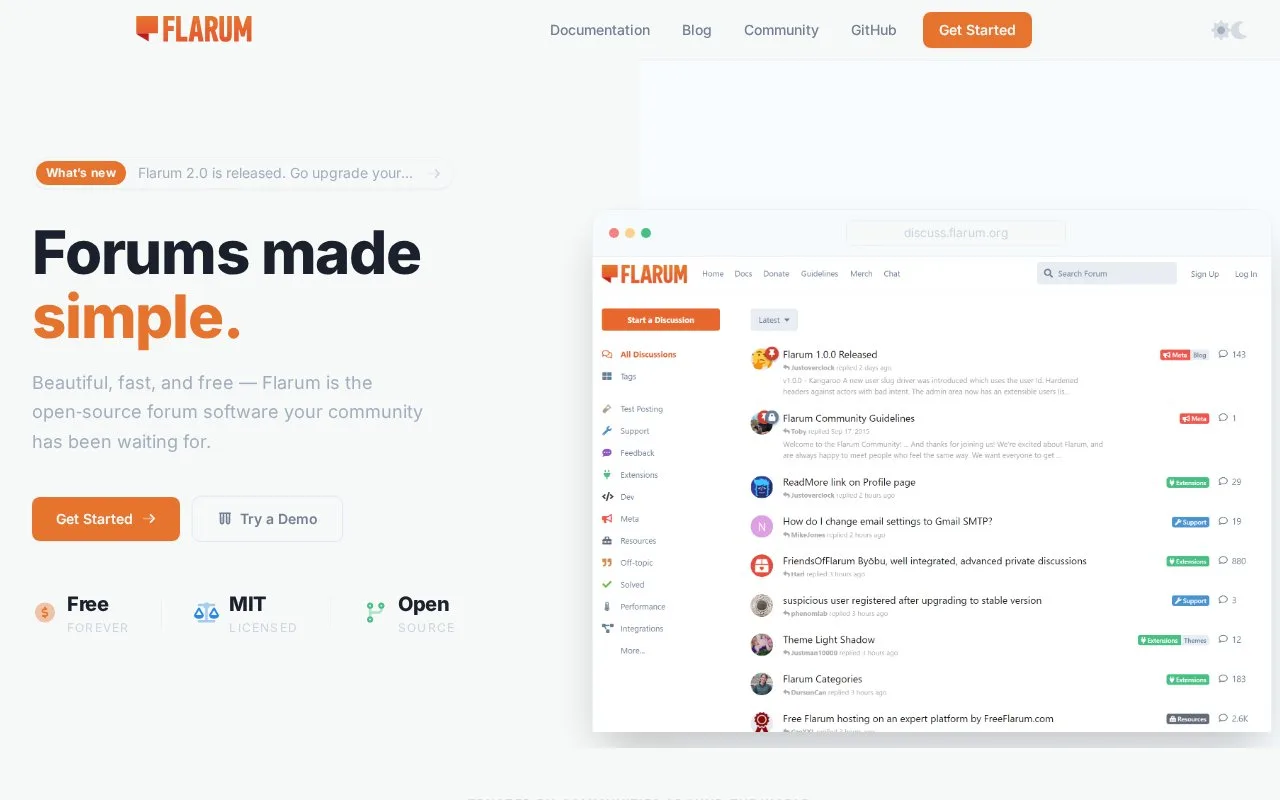 Screenshot of the Flarum homepage