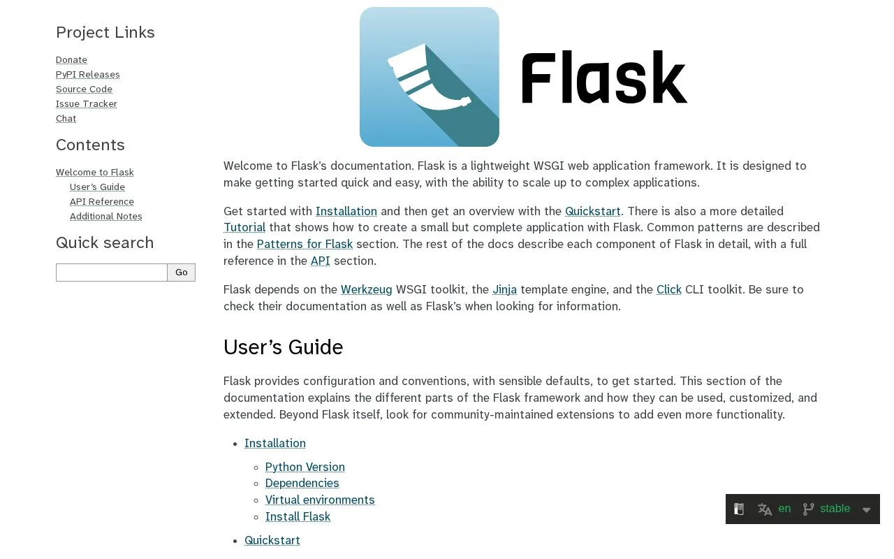 Screenshot of the Flask homepage