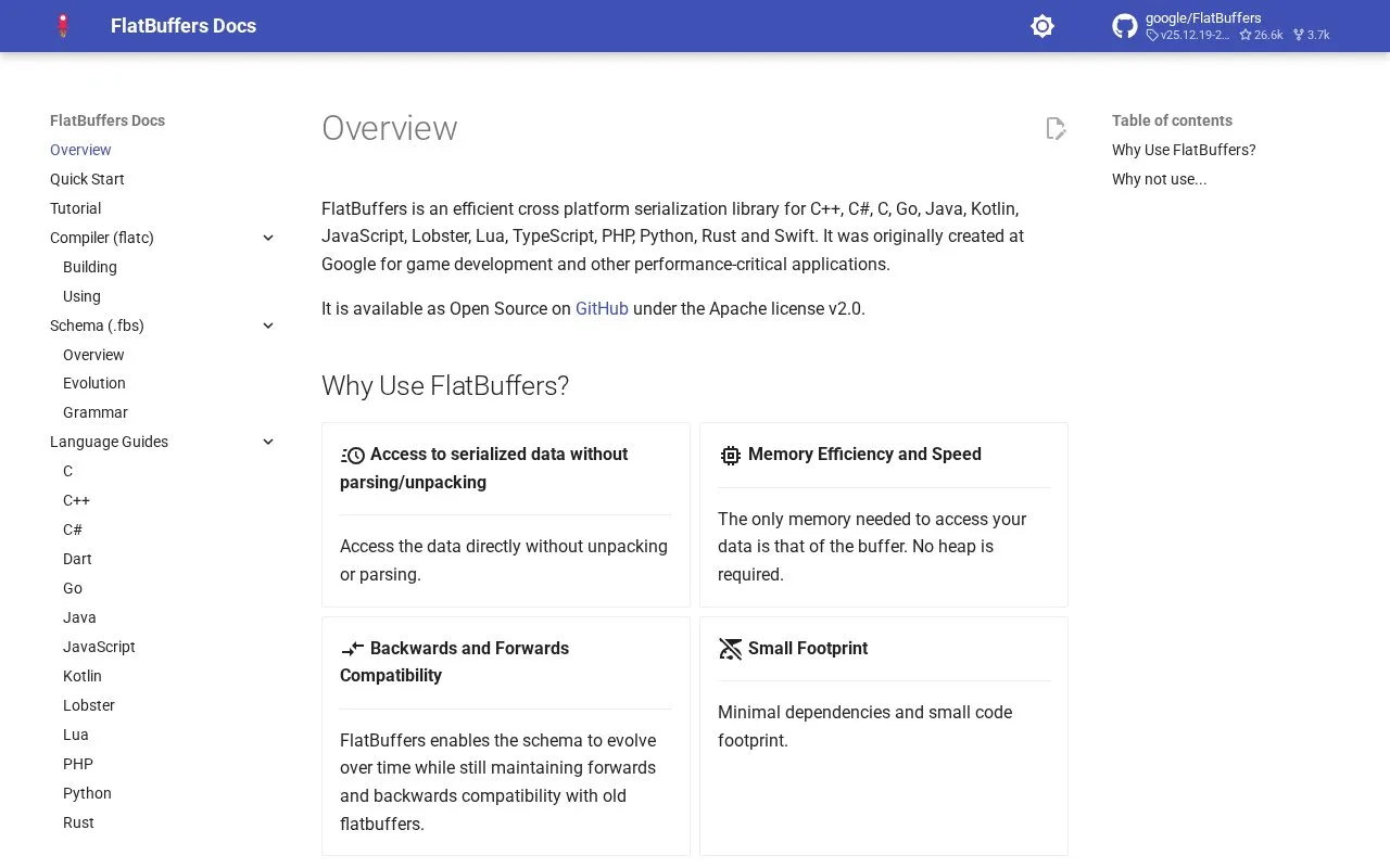 Screenshot of the FlatBuffers homepage