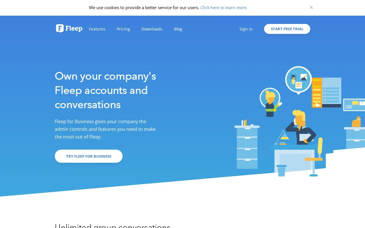 Screenshot of the Fleep for Business homepage