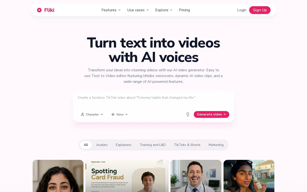 Screenshot of the Fliki homepage