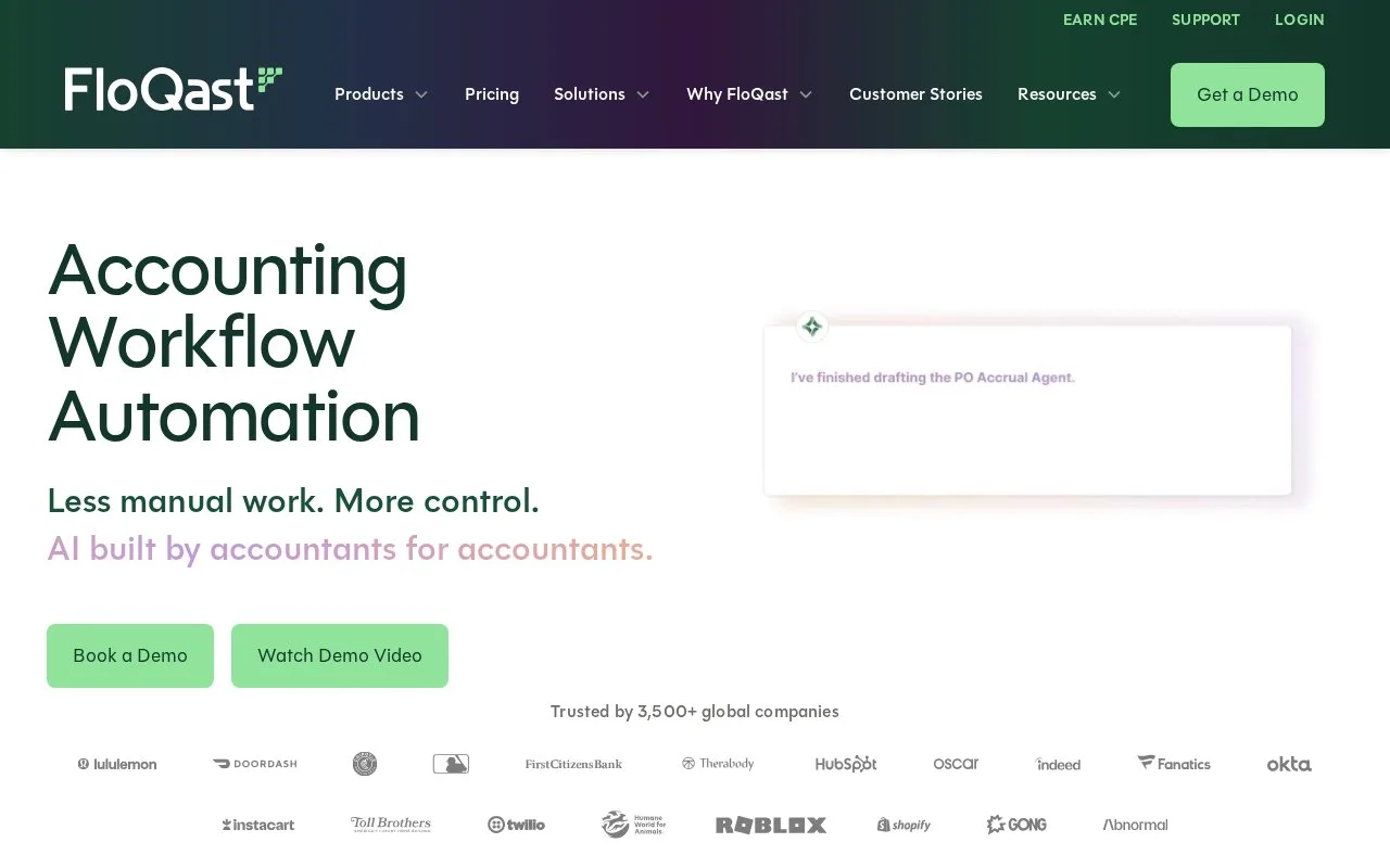 Screenshot of the FloQast homepage