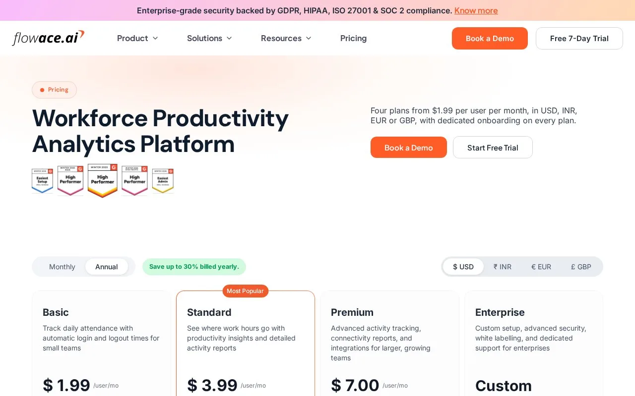 Screenshot of the Flowace homepage