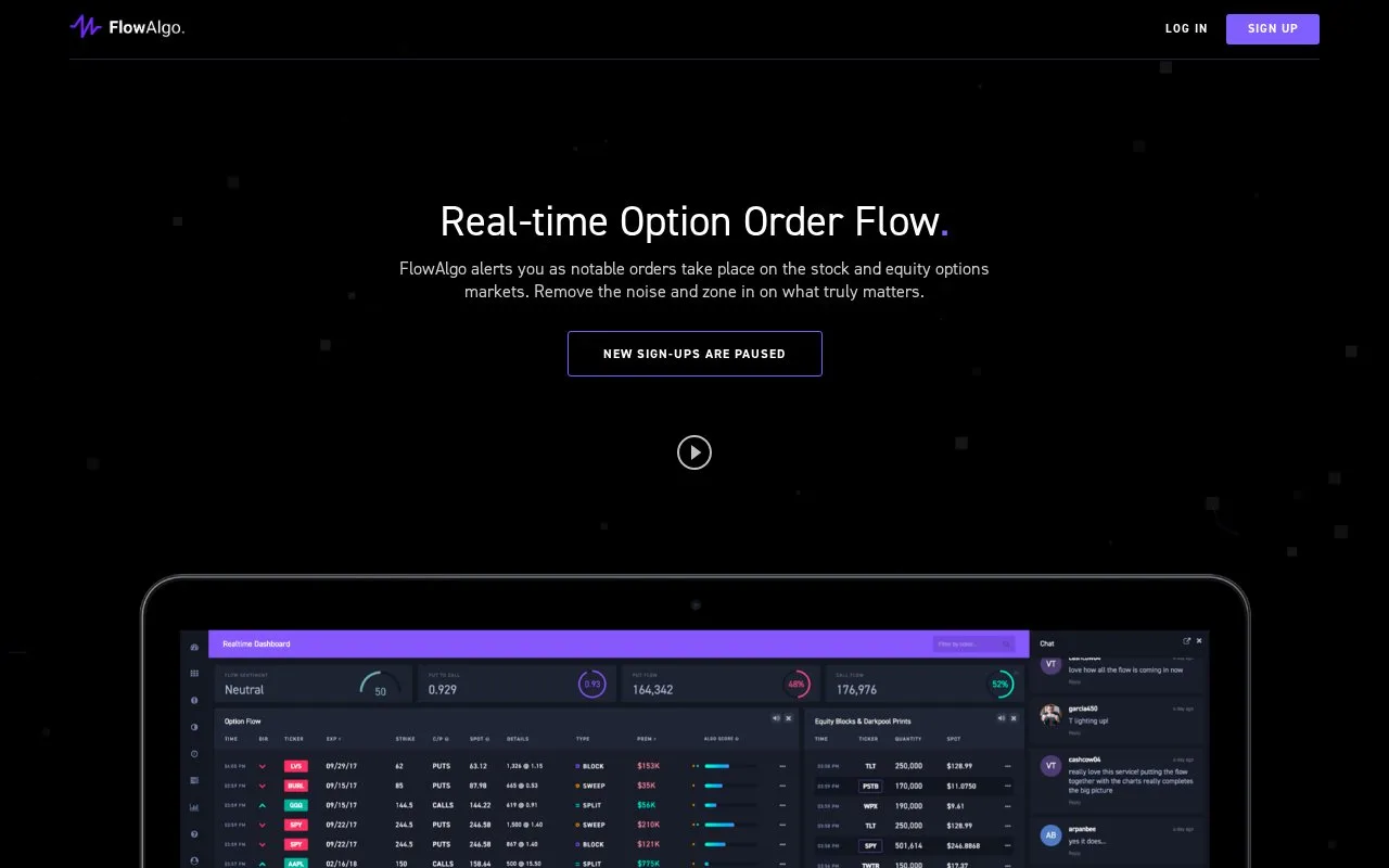 Screenshot of the FlowAlgo homepage
