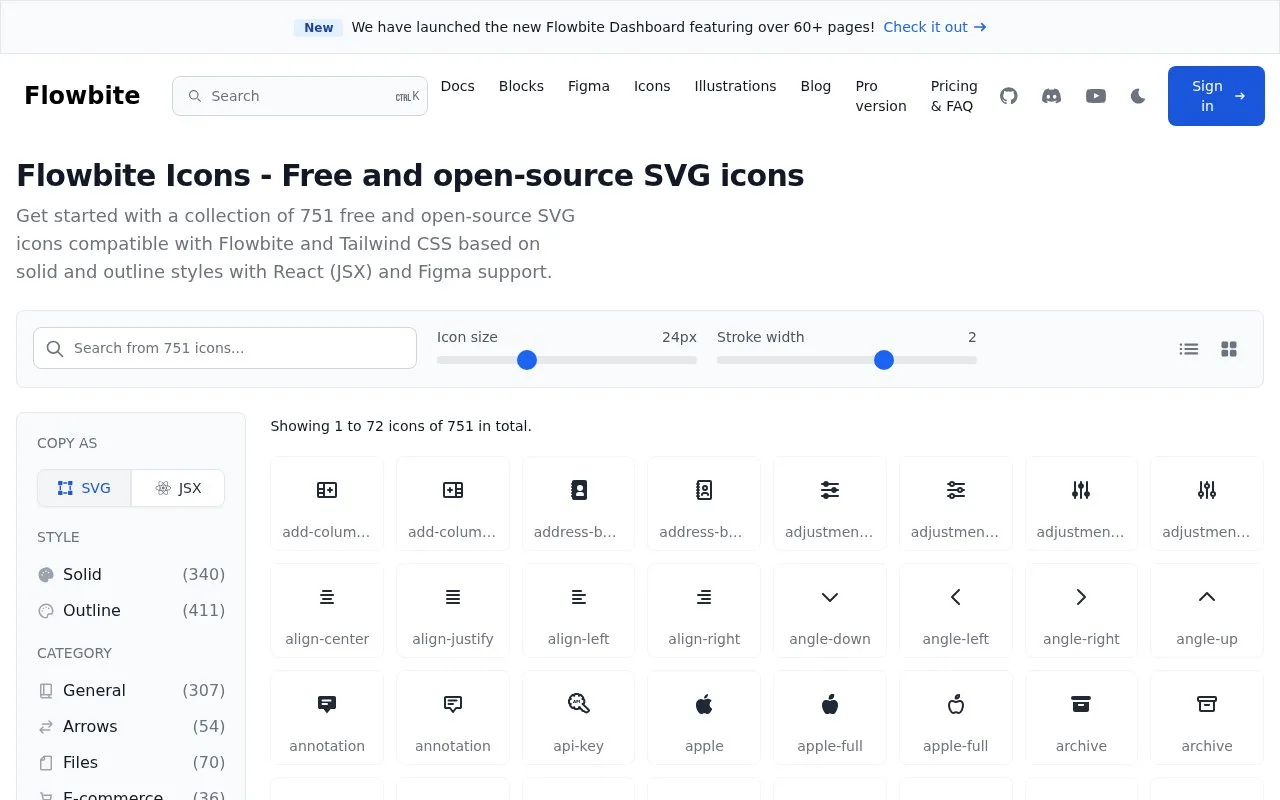 Screenshot of the Flowbite Icons homepage
