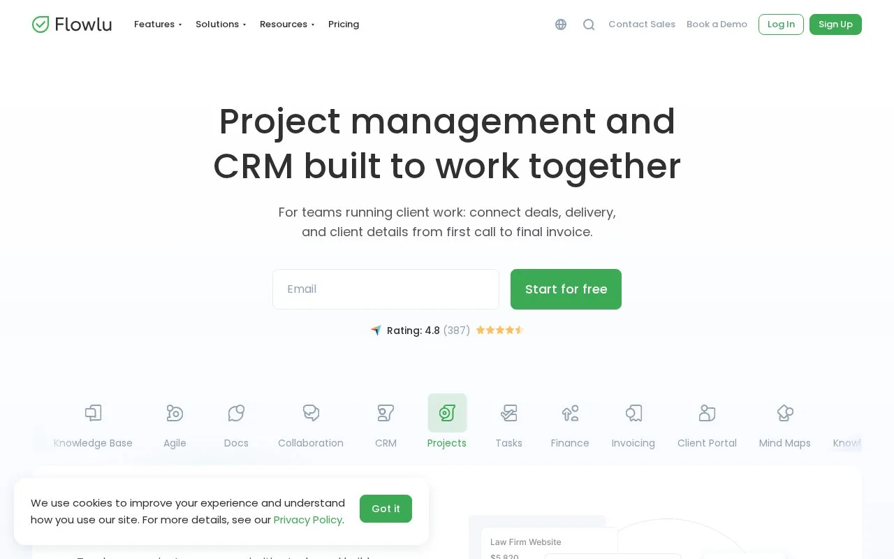 Screenshot of the Flowlu homepage