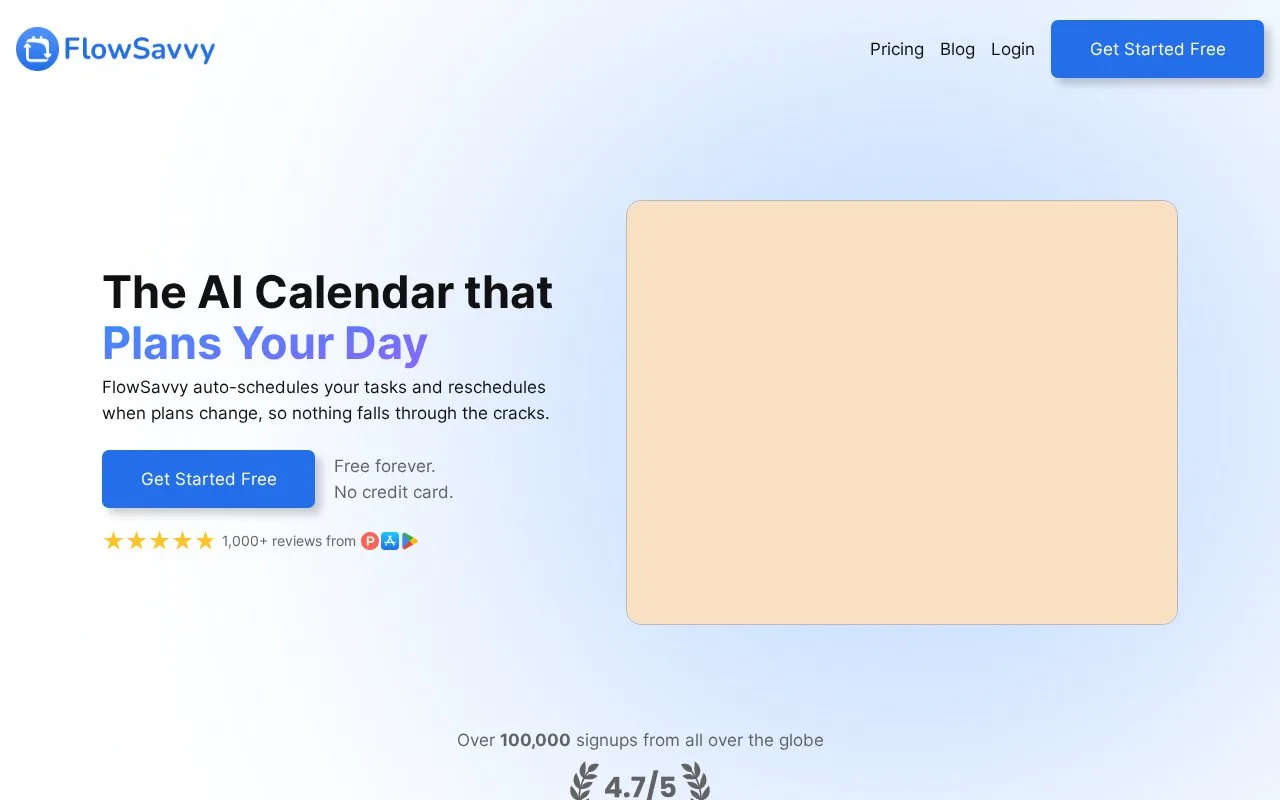Screenshot of the FlowSavvy homepage