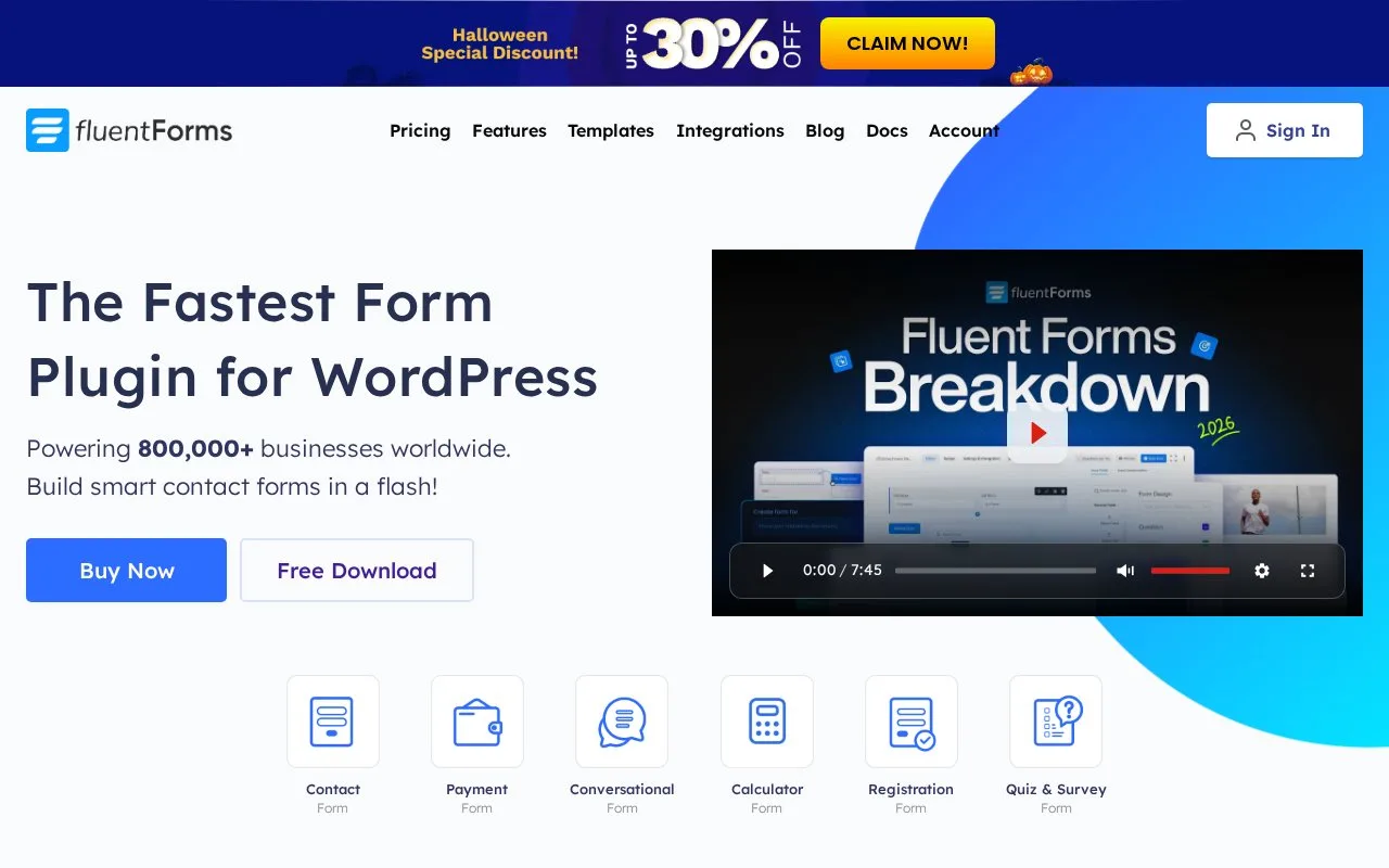 Screenshot of the Fluent Forms homepage