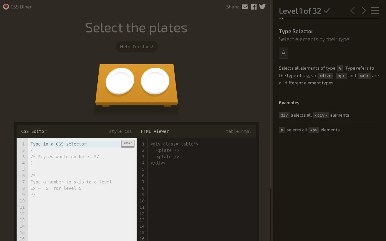 Screenshot of the CSS Diner homepage