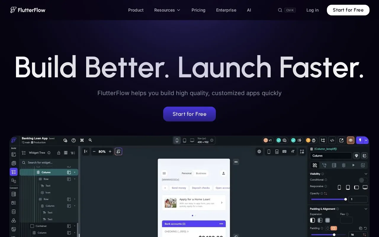Screenshot of the FlutterFlow homepage