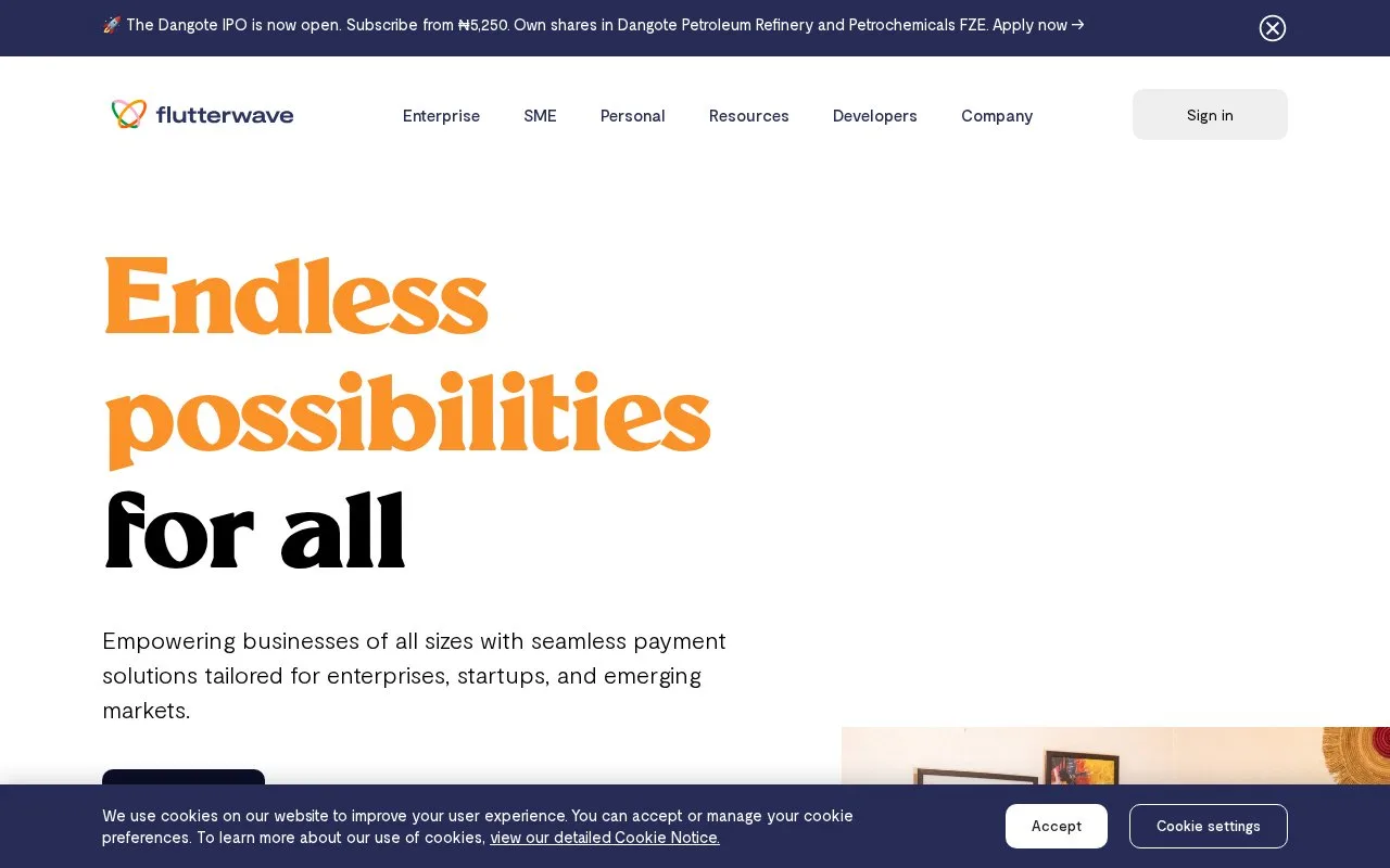 Screenshot of the Flutterwave homepage