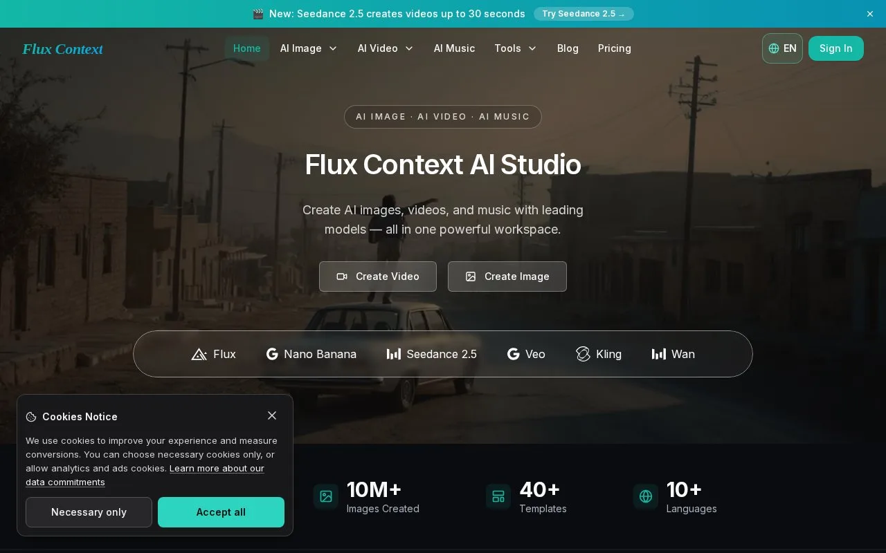 Screenshot of the Flux Context AI homepage