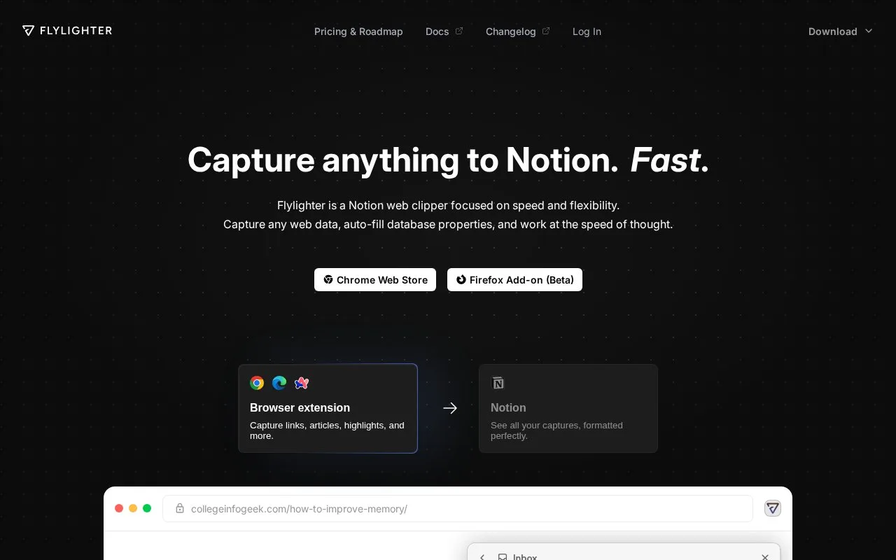 Screenshot of the Flylighter homepage