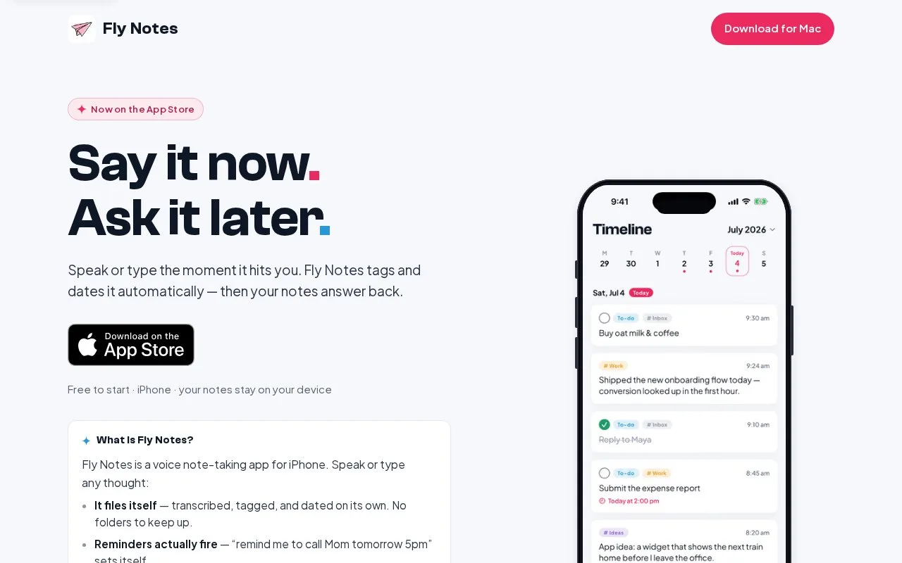 Screenshot of the Fly Notes homepage