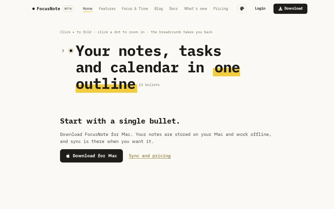 Screenshot of the FocusNote homepage