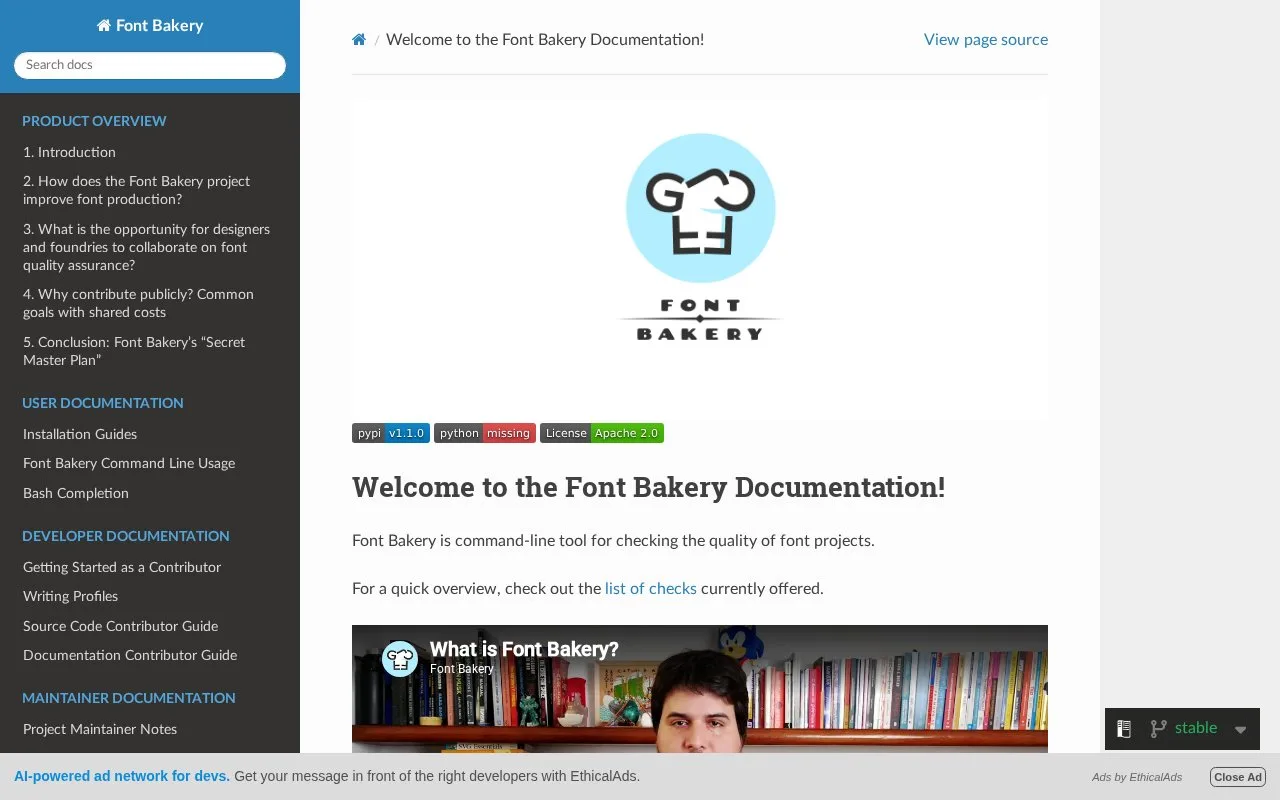 Screenshot of the Font Bakery homepage