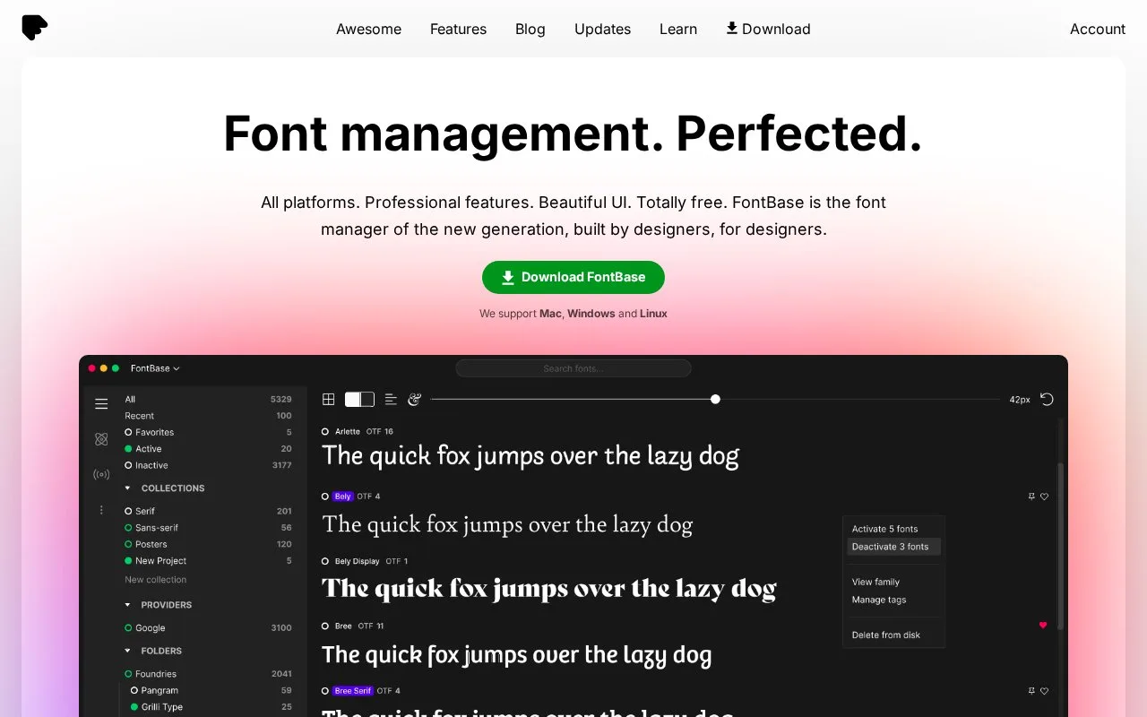 Screenshot of the FontBase homepage