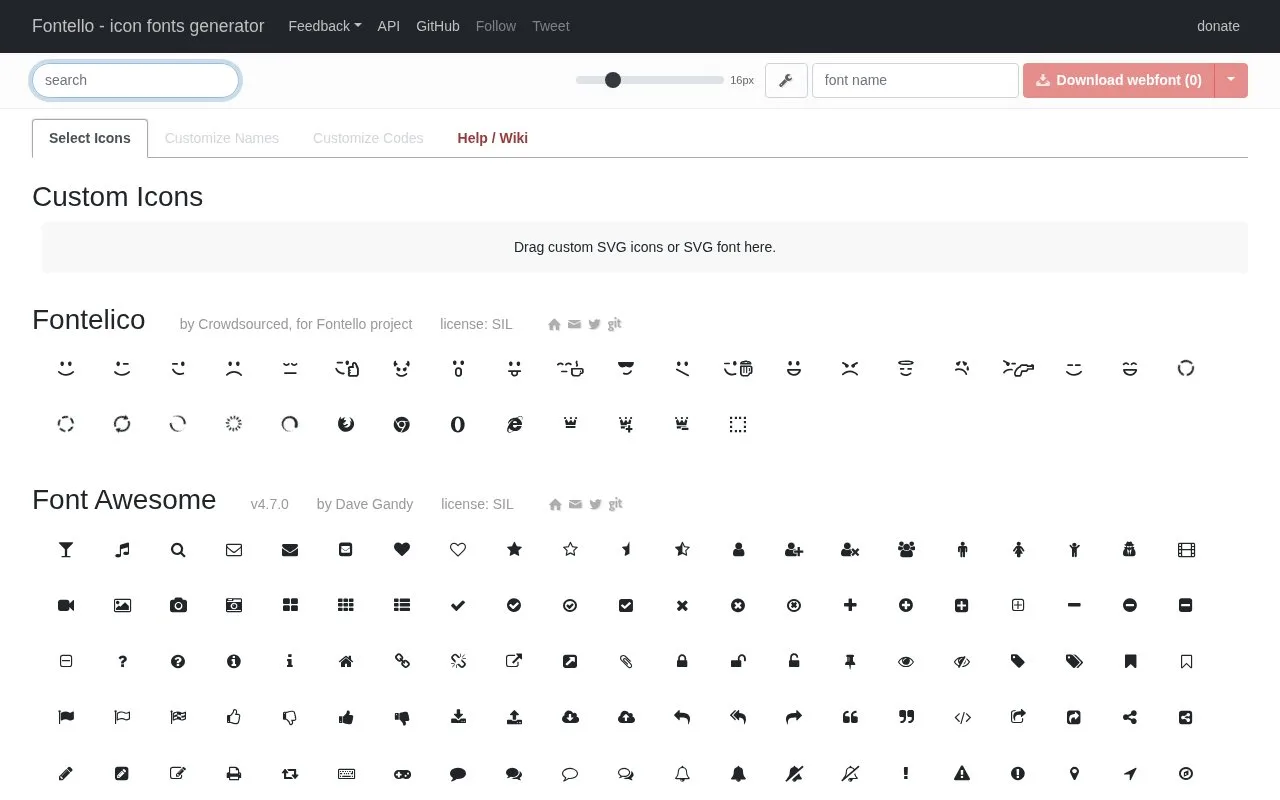 Screenshot of the Fontello homepage