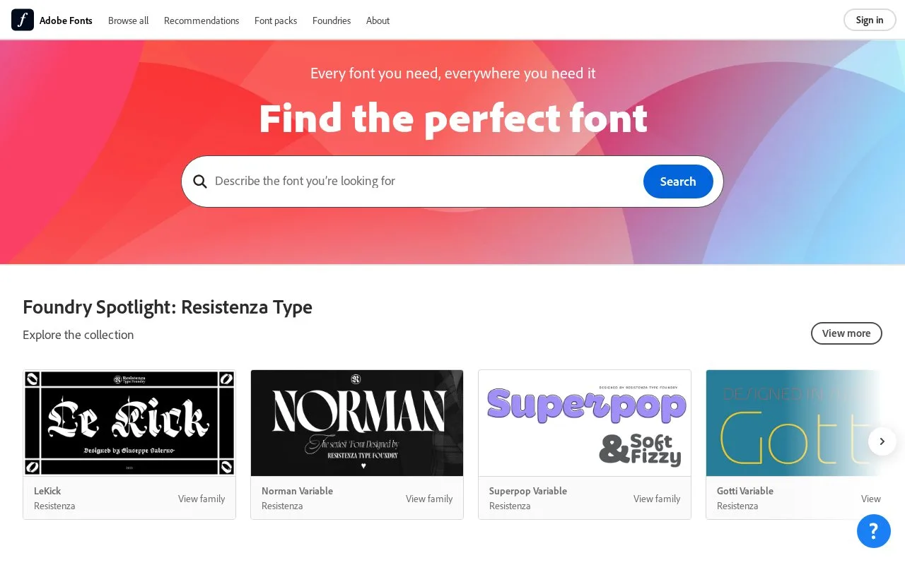Screenshot of the Adobe Fonts homepage
