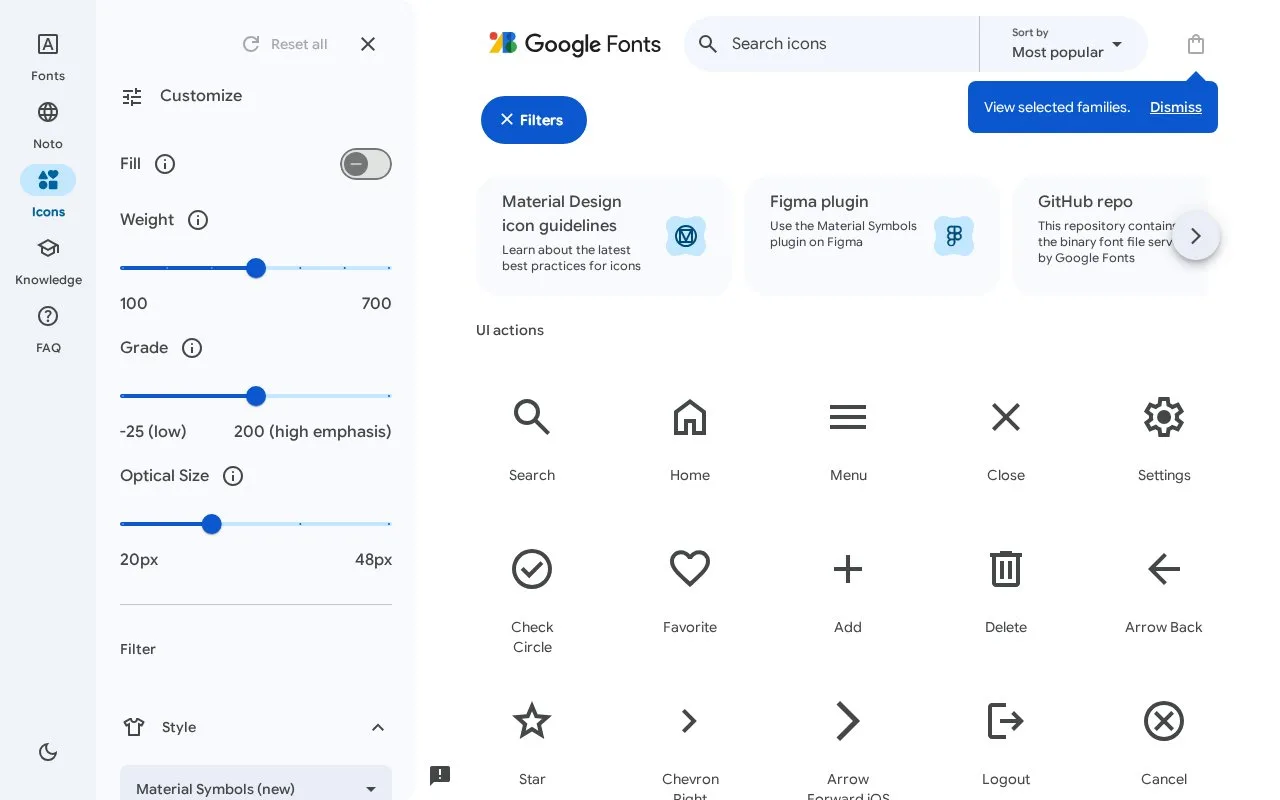 Screenshot of the Material Symbols homepage