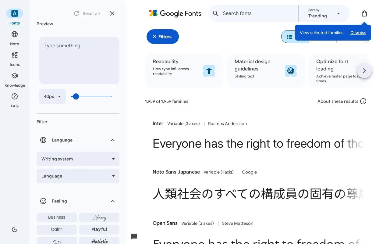 Screenshot of the Google Fonts homepage
