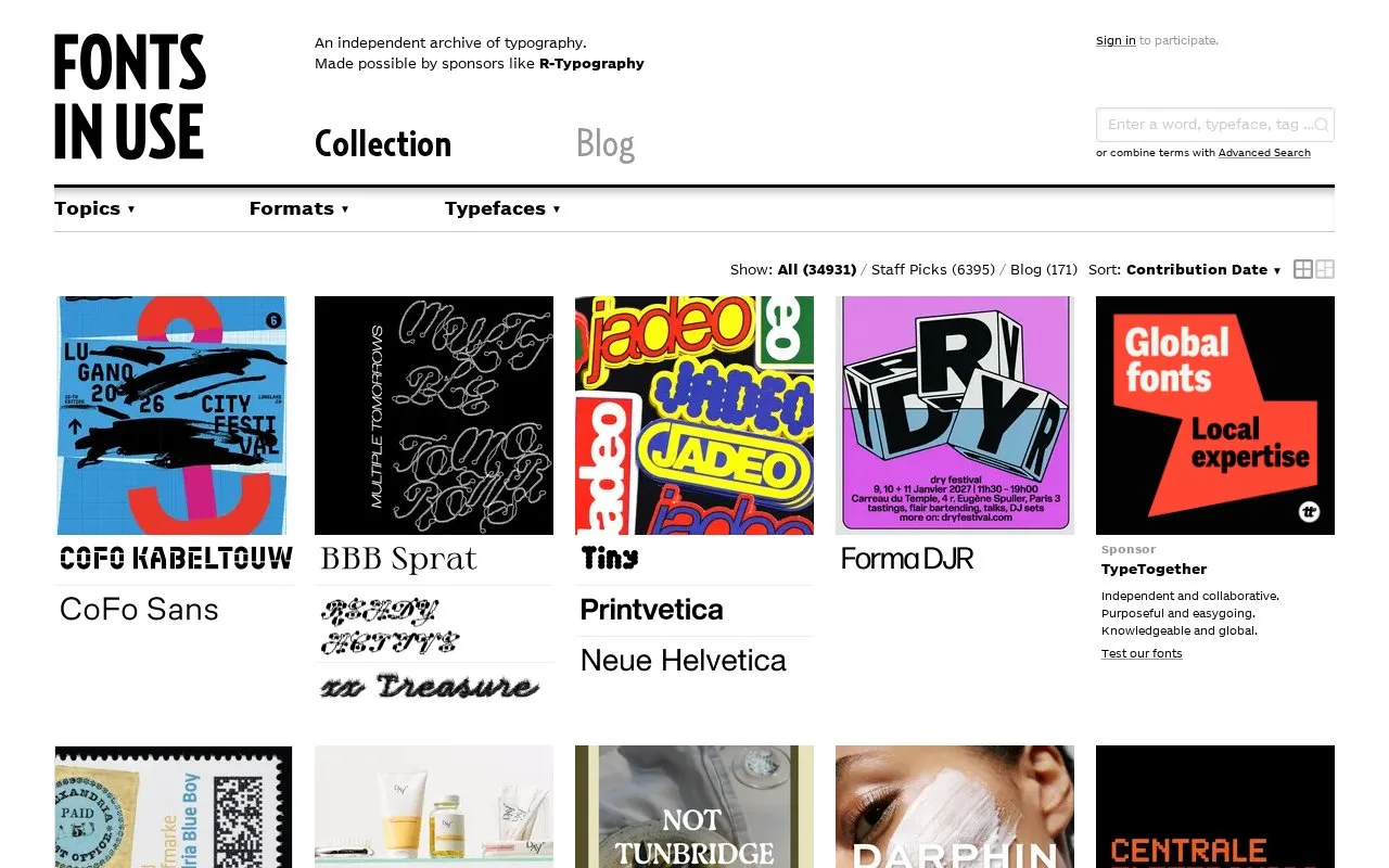 Screenshot of the Fonts In Use homepage