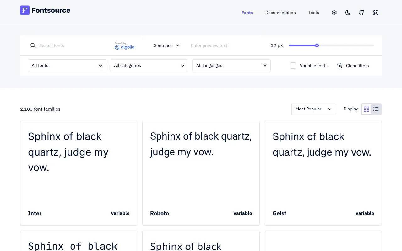 Screenshot of the Fontsource homepage