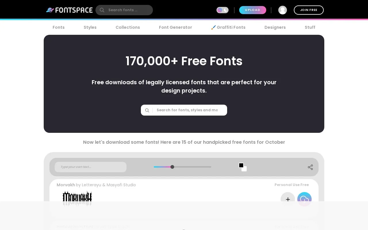 Screenshot of the FontSpace homepage