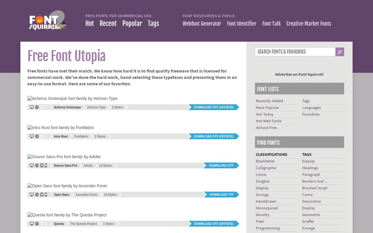 Screenshot of the Font Squirrel homepage