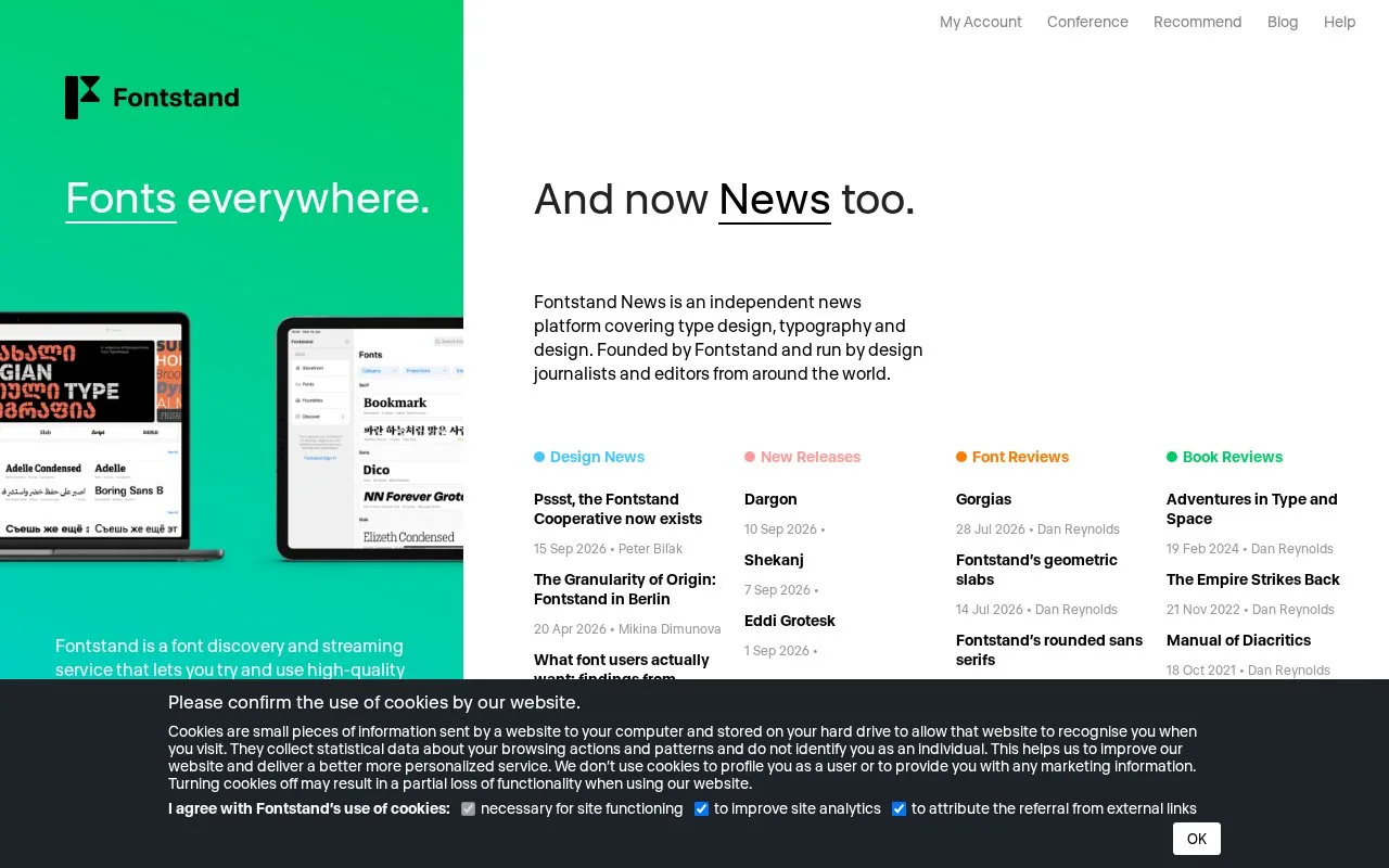 Screenshot of the Fontstand homepage