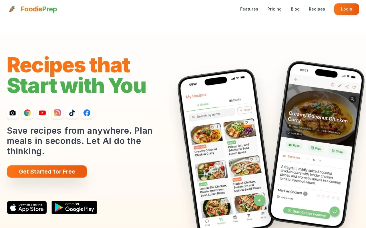 Screenshot of the FoodiePrep homepage