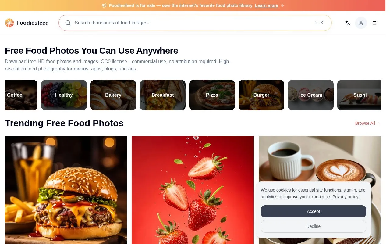 Screenshot of the Foodiesfeed homepage