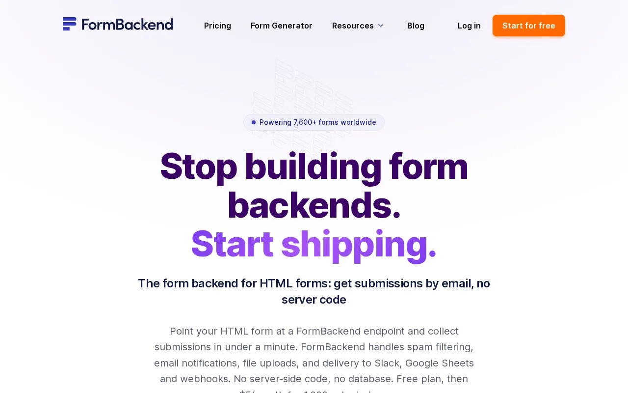 Screenshot of the FormBackend homepage