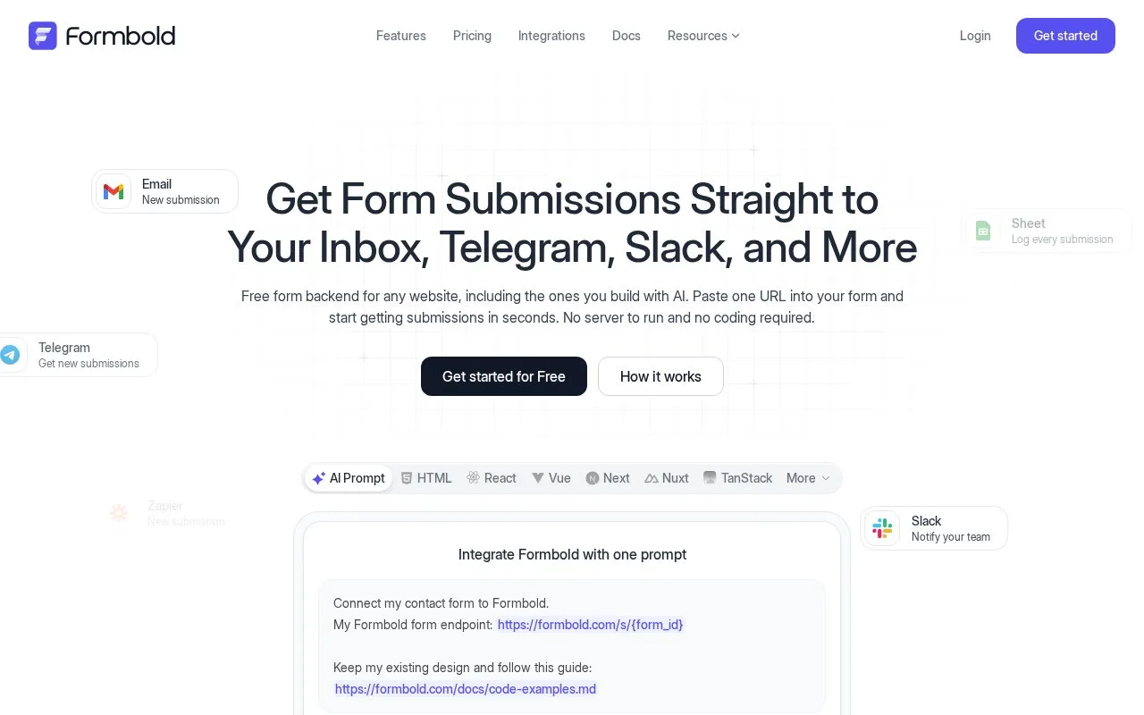 Screenshot of the Formbold homepage