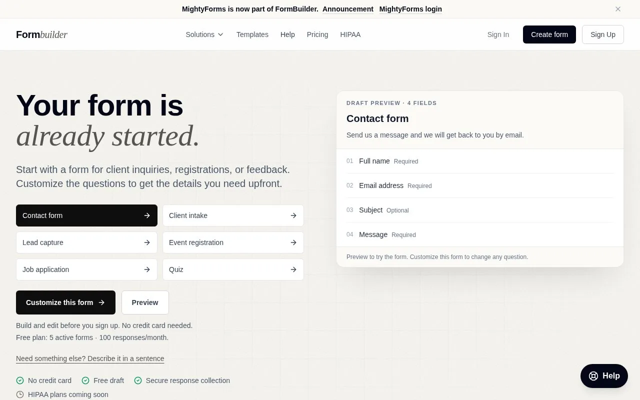Screenshot of the FormBuilder homepage
