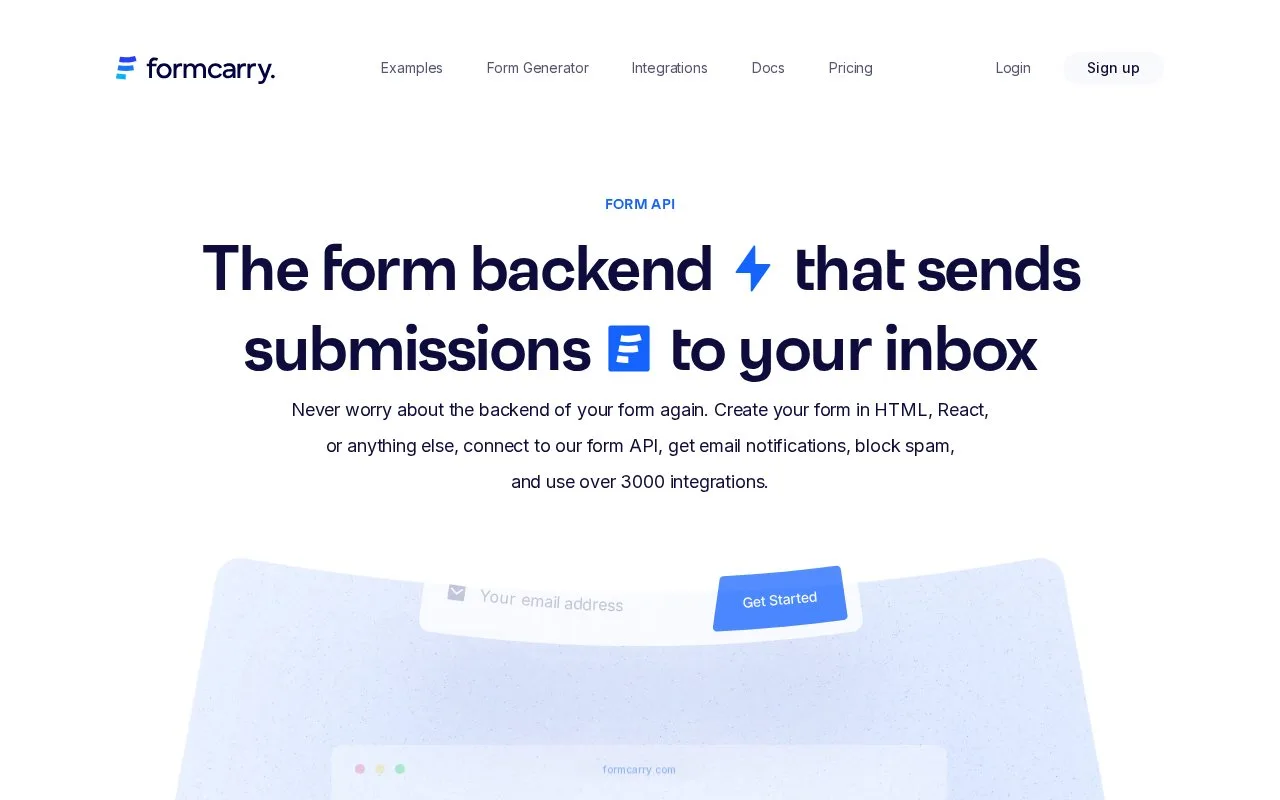Screenshot of the Formcarry homepage