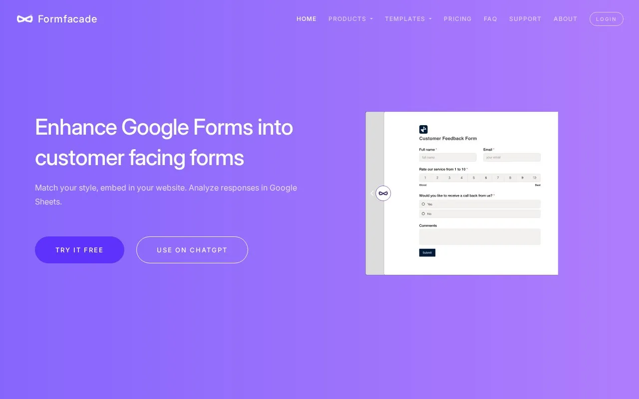 Screenshot of the Formfacade homepage