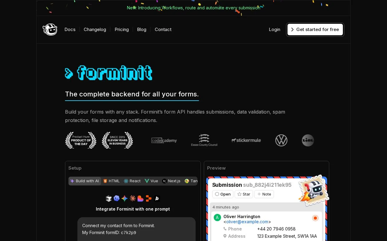 Screenshot of the Forminit homepage