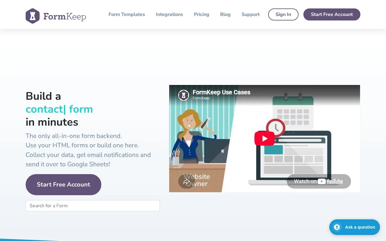 Screenshot of the FormKeep homepage