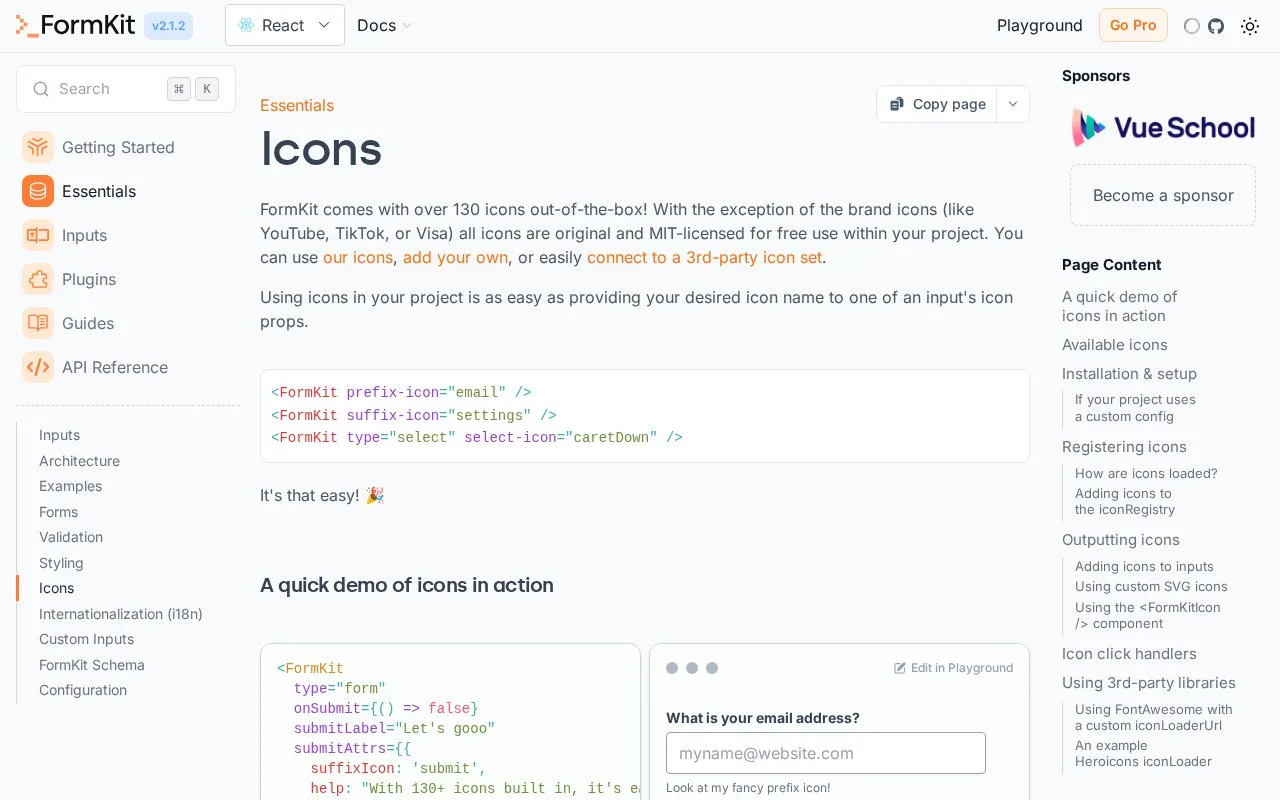 Screenshot of the FormKit Icons homepage