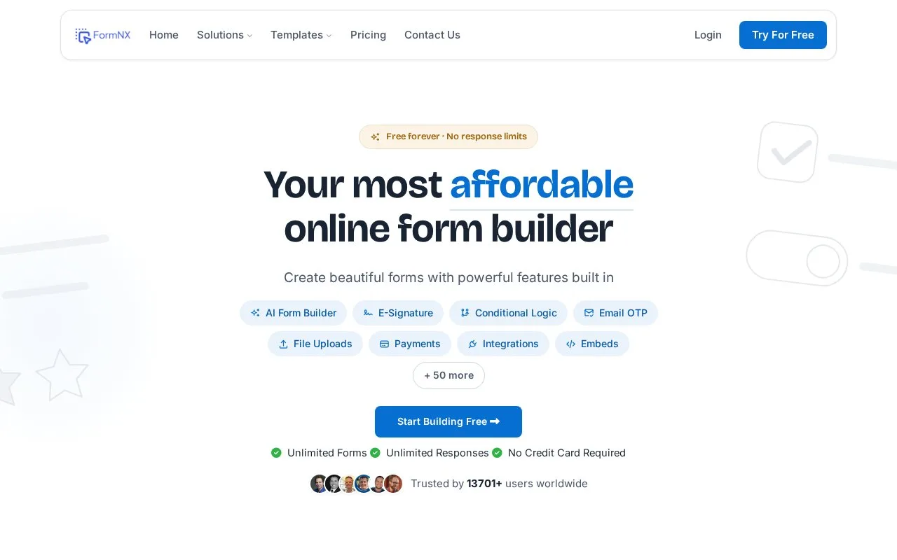 Screenshot of the FormNX homepage