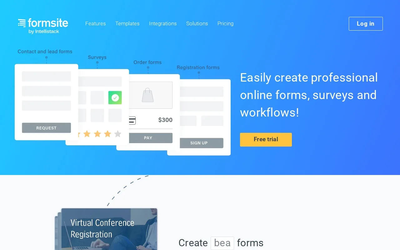 Screenshot of the Formsite homepage